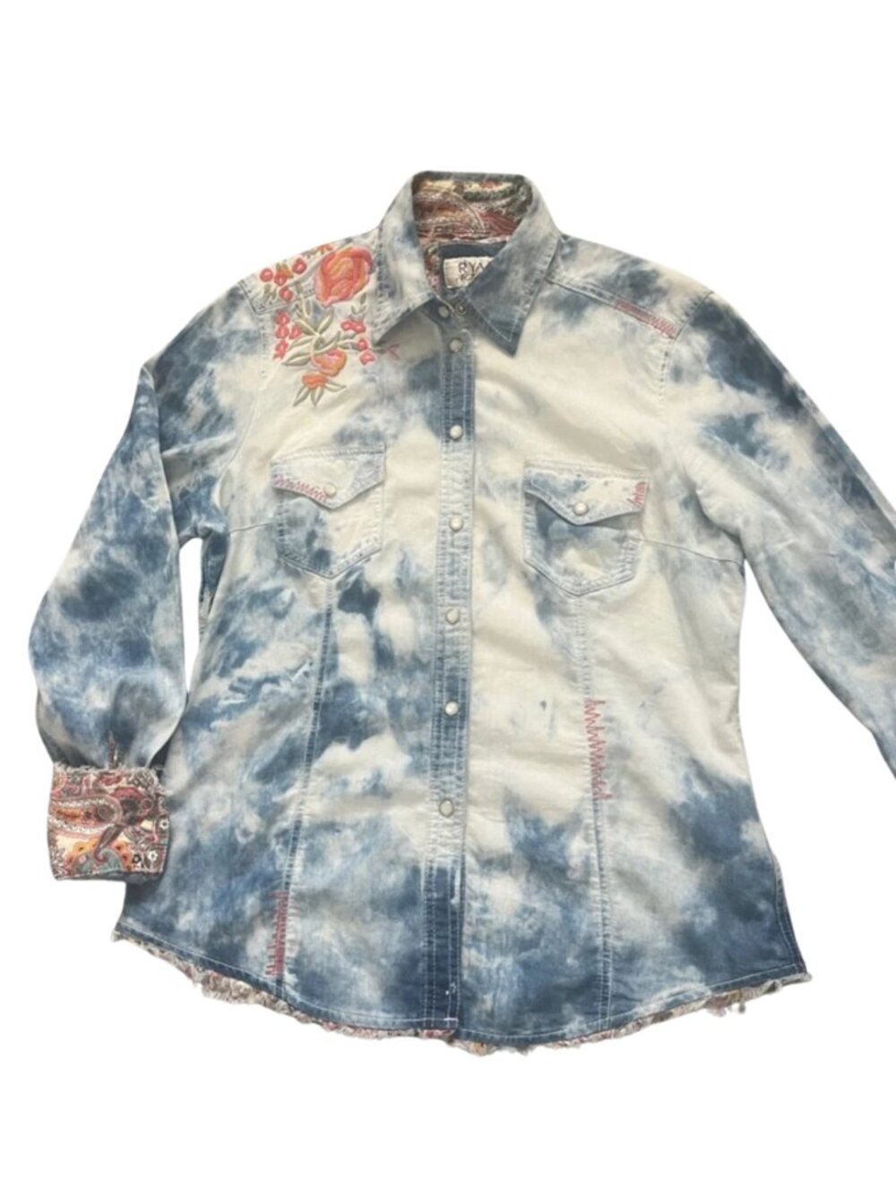 Ryan Michael Women’s Acid-Washed Button-Down Shirt Floral Embroidery - Size M